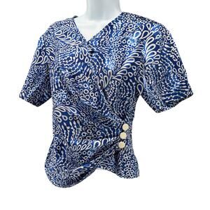 Vintage Handmade Wrap Top Side Button Blue White Paisley Satin Small